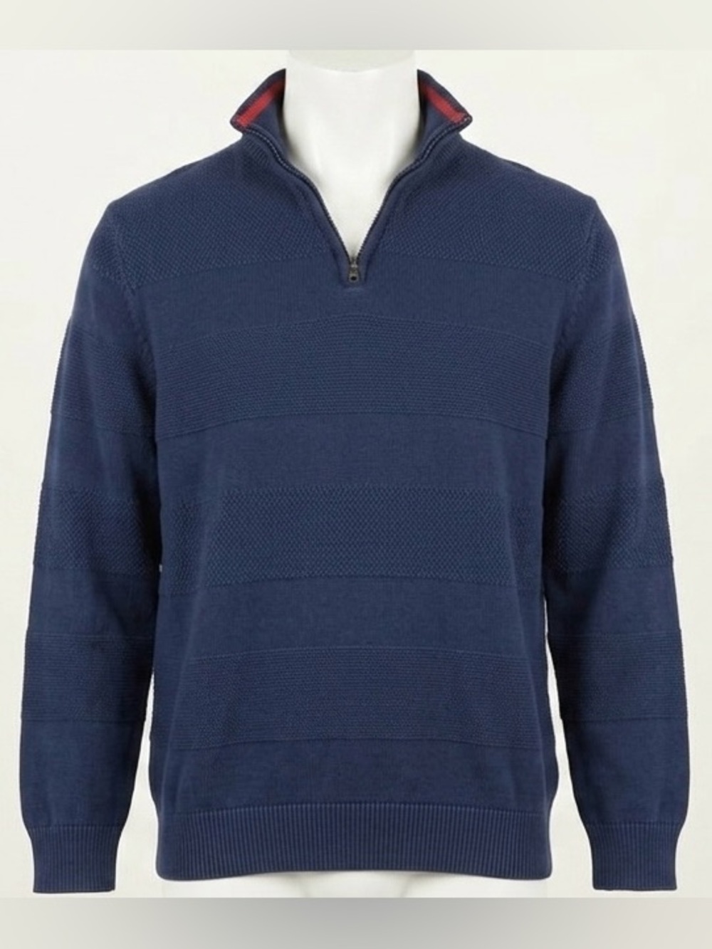 Chaps Men L Sweater Navy Blue 100% Cotton Quarter Zip Horizontal Textured Stripe